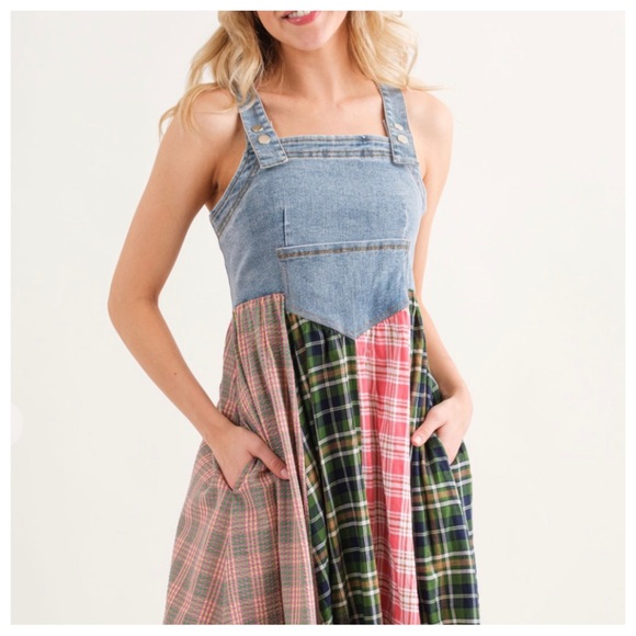 13 Boho Denim Multi Fabric Pleated Suspender Dress - Picture 5 of 5